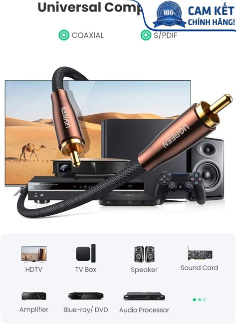 Cáp âm thanh Audio Coaxial RCA to RCA bọc Nynol dài 2M Ugreen 10190 cao cấp