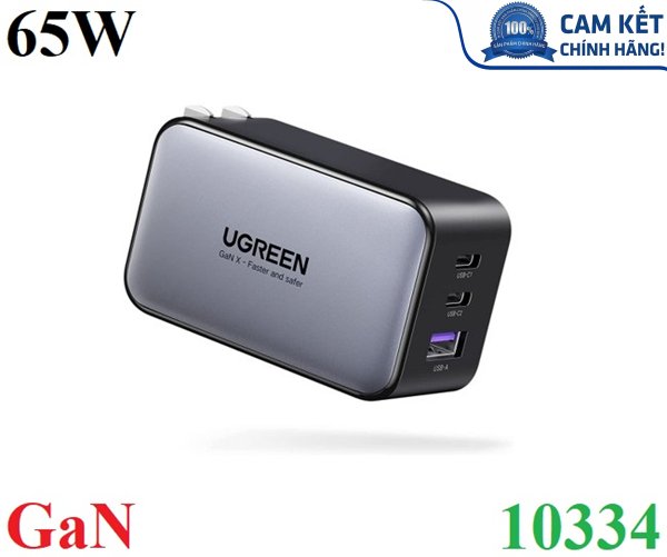 Củ sạc nhanh 65W GaN 3 cổng USB Type-C x2 USB Type-A x1 Hỗ trợ QC4+, PD3.0.. Ugreen 10334 cao cấp
