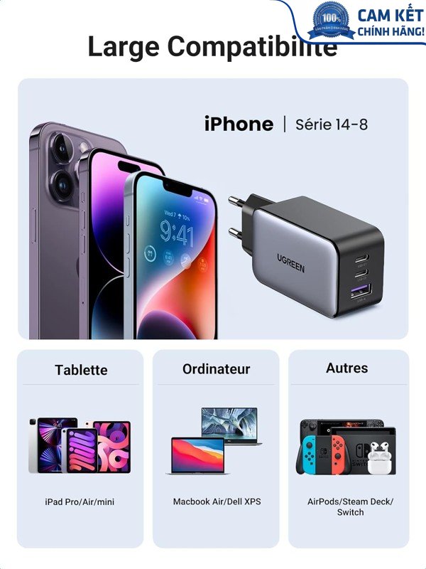 Củ sạc nhanh 65W GaN 3 cổng USB Type-C x2 USB Type-A x1 Hỗ trợ QC4+, PD3.0 Ugreen 10335 cao cấp (EU)