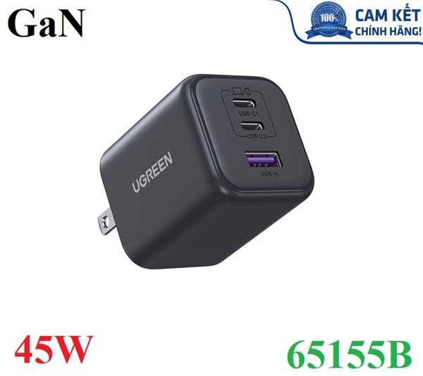 Củ sạc nhanh GaN 45W 3 cổng USB-C x2, USB-A Hỗ trợ QC4+, PD3.0 Ugreen 65155B/X527 cao cấp (US Plug)