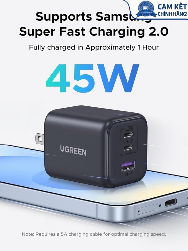 Củ sạc nhanh GaN 45W 3 cổng USB-C x2, USB-A Hỗ trợ QC4+, PD3.0 Ugreen 65155B/X527 cao cấp (US Plug)