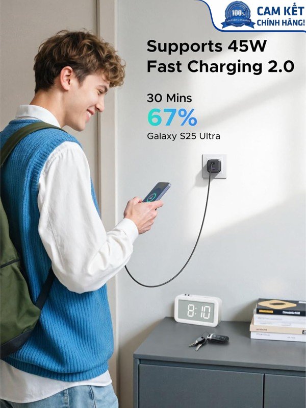 Củ sạc nhanh GaN 45W 3 cổng USB-C x2, USB-A Hỗ trợ QC4+, PD3.0 Ugreen 65155B/X527 cao cấp (US Plug)