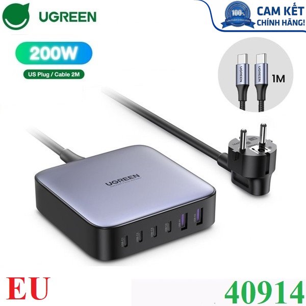 Củ sạc nhanh Nexode 200W GaN II 6 cổng, USB Type-C x4, USB Type-A x2 Ugreen 40914 chính hãng (EU)