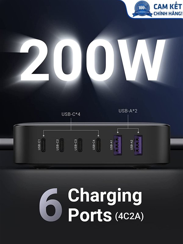 Củ sạc nhanh Nexode 200W GaN II 6 cổng, USB Type-C x4, USB Type-A x2 Ugreen 40914 chính hãng (EU)