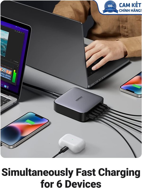 Củ sạc nhanh Nexode 200W GaN II 6 cổng, USB Type-C x4, USB Type-A x2 Ugreen 40914 chính hãng (EU)