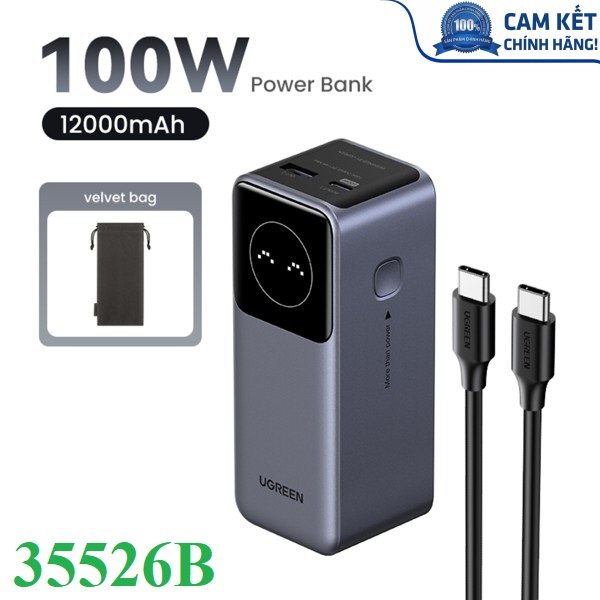 Pin sạc dự phòng Nexode 12000mAh 100W sạc nhanh 2 cổng Ugreen 35526B có màn hình cao cấp