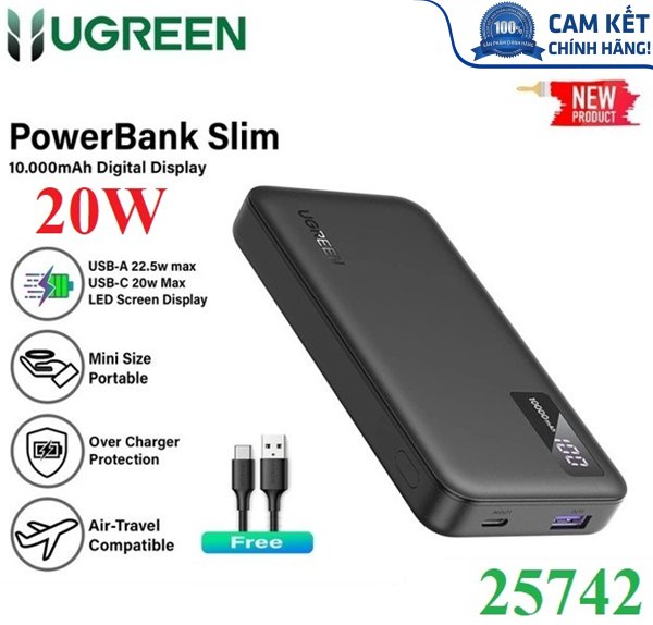 Sạc dự phòng 10000mAh Slim sạc nhanh 2 chiều, PD 20W, PD 3.0, LED hiển thị, Ugreen 25742 PB311