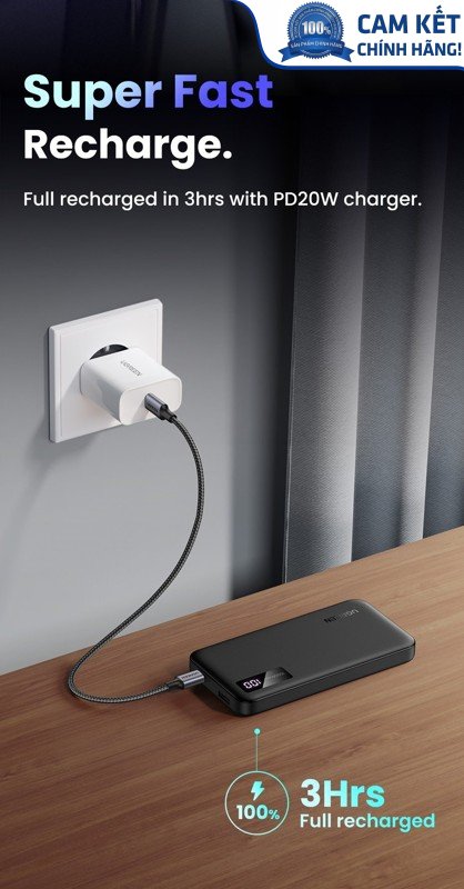 Sạc dự phòng 10000mAh Slim sạc nhanh 2 chiều, PD 20W, PD 3.0, LED hiển thị, Ugreen 25742 PB311 cao c