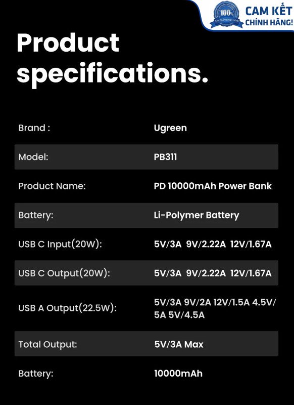 Sạc dự phòng 10000mAh Slim sạc nhanh 2 chiều, PD 20W, PD 3.0, LED hiển thị, Ugreen 25742 PB311 cao c